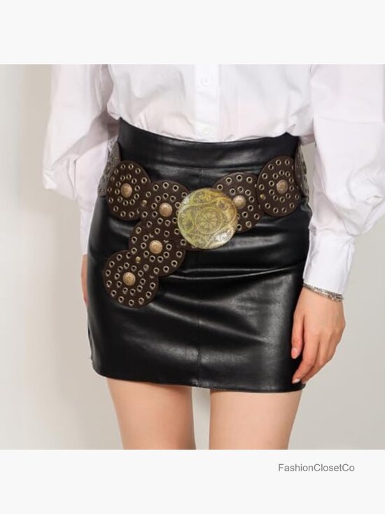 Wide Disc Belt for Women PU Leather Metal Buckle Boho Western Chunky Waist Belt main image 5